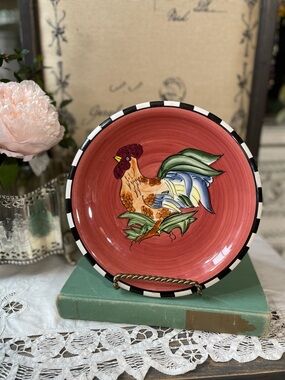 Rooster decorative Plate red ceramic checkerboard border farmhouse decor